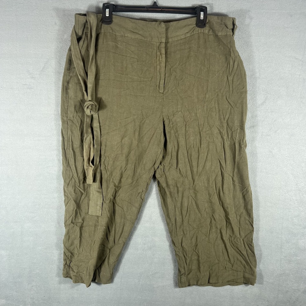 Ruby Rd. Women's Size 18 Olive Green Linen Blend Paperbag Waist Cropped Pants
